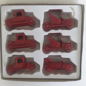 Set of 6 Red Metal Old-fashioned Cars Christmas Ornaments